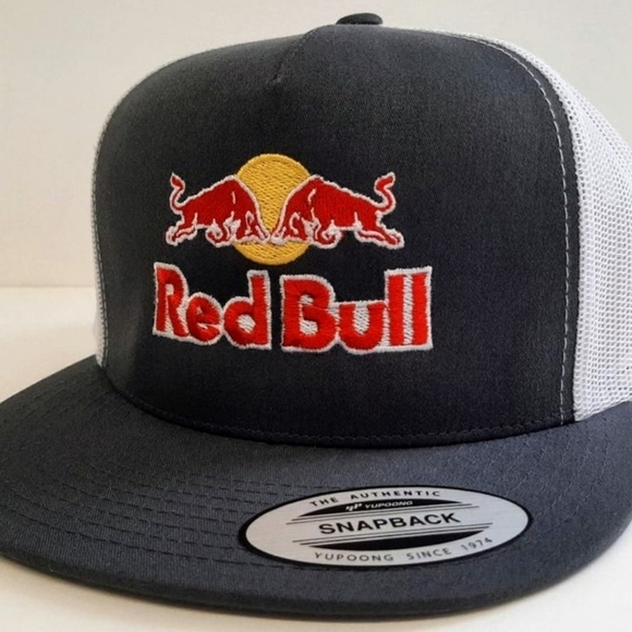 Red Bull Embroidered Flat Bill Snapback Mesh Hat Cap Gray Yupoong Trucker Racing main image 8